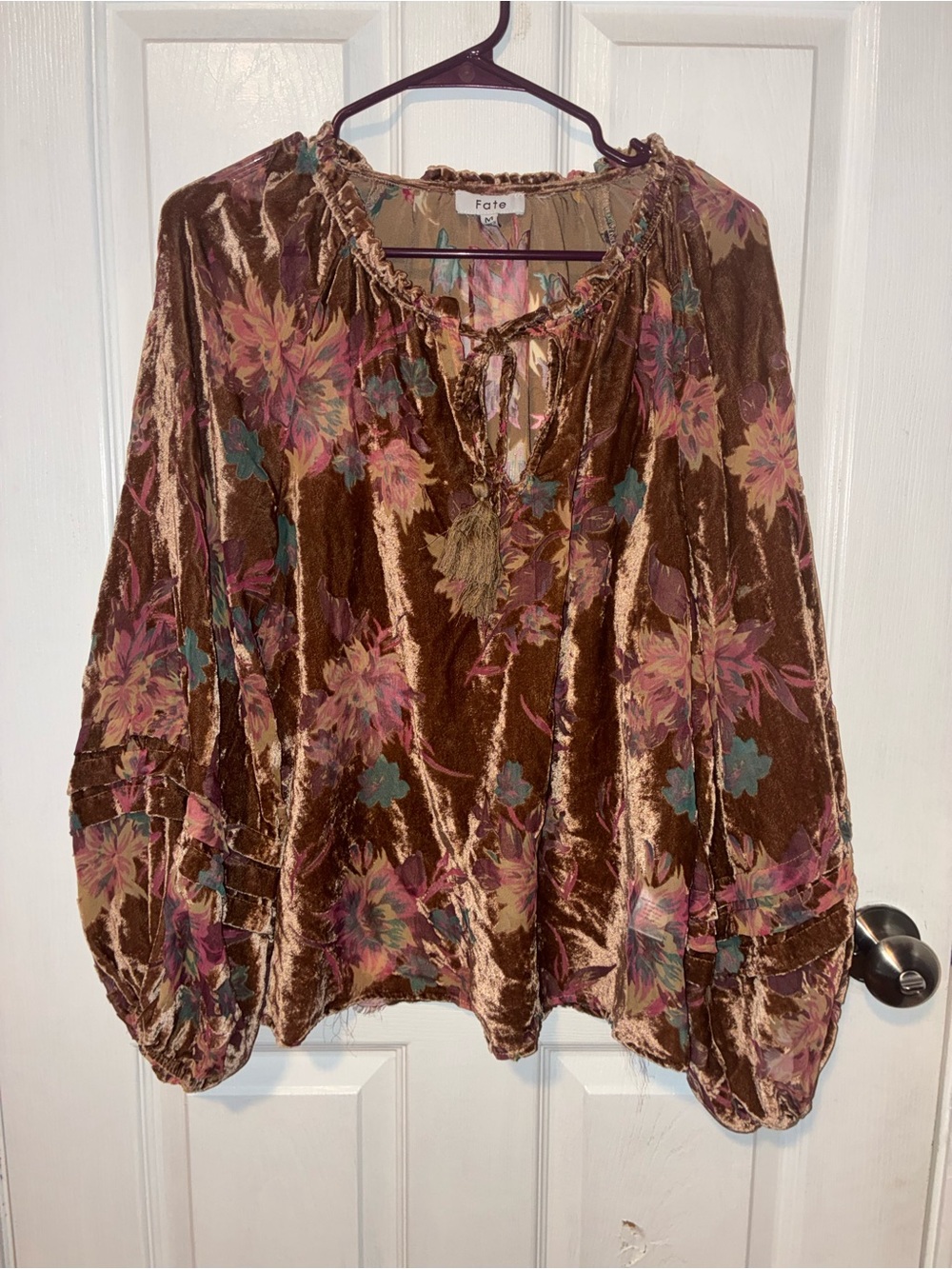 Fate Brown Velvet Floral boho sheer Tie-Neck Peasant Blouse - Picture 2 of 4